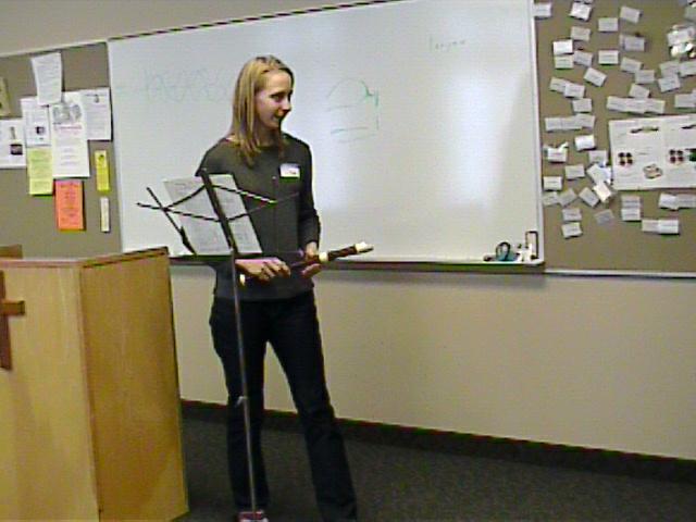Sarah Meyer listens to the instructor. [Dallas Recorder Society workshop and concert with the Amsterdam Loeki Stardust Recorder Quartet - Dallas, TX, Feb. 28-29, 2004]